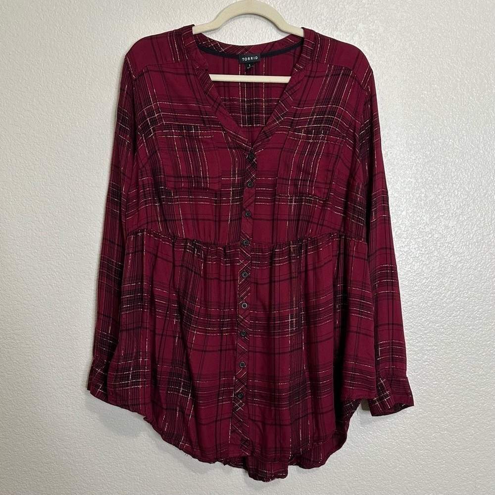 Torrid Burgundy Gold Plaid Button Down Shirt, Size 1X